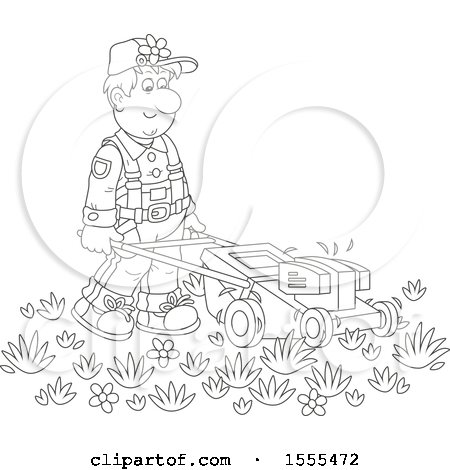 Clipart of a Lineart Male Landscaper Using a Push Mower - Royalty Free Vector Illustration by Alex Bannykh