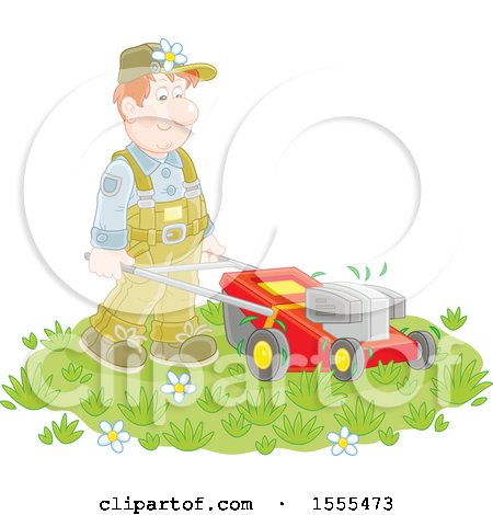 Clipart of a Caucasian Male Landscaper Using a Push Mower - Royalty Free Vector Illustration by Alex Bannykh
