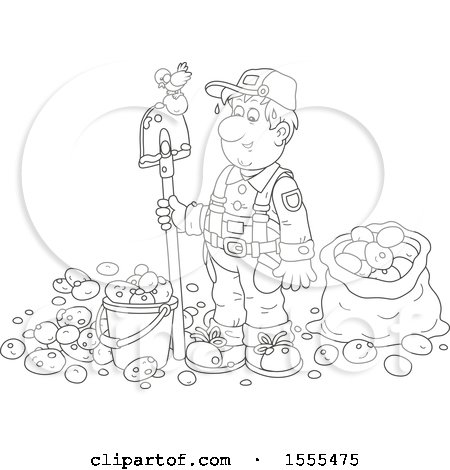 Clipart of a Lineart Male Potato Farmer with a Bird on His Shovel - Royalty Free Vector Illustration by Alex Bannykh