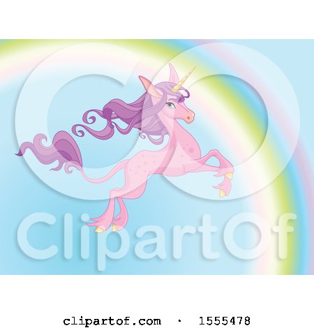 Clipart of a Leaping Pink Unicorn with Long Purple Hair and a Rainbow - Royalty Free Vector Illustration by Pushkin