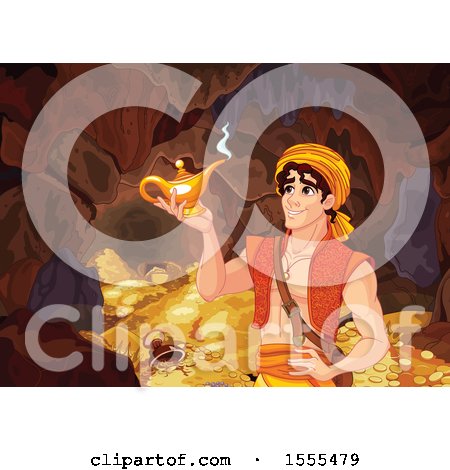 Clipart of a Handsome Arabian Man, Aladdin, Discovering a Genie Lamp in a Cave of Riches - Royalty Free Vector Illustration by Pushkin