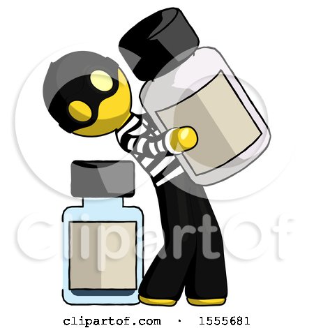 Yellow Thief Man Holding Large White Medicine Bottle with Bottle in Background by Leo Blanchette