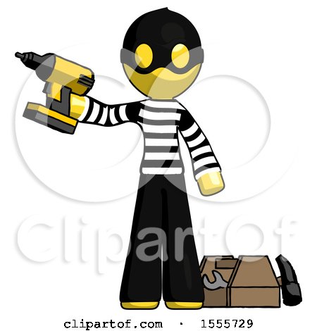 Yellow Thief Man Holding Drill Ready to Work, Toolchest and Tools to Right by Leo Blanchette