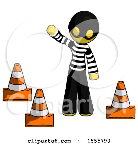 Yellow Thief Man Standing by Traffic Cones Waving by Leo Blanchette