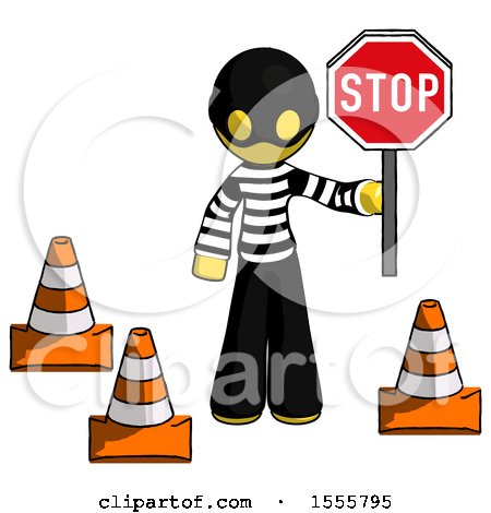 Yellow Thief Man Holding Stop Sign by Traffic Cones Under Construction Concept by Leo Blanchette