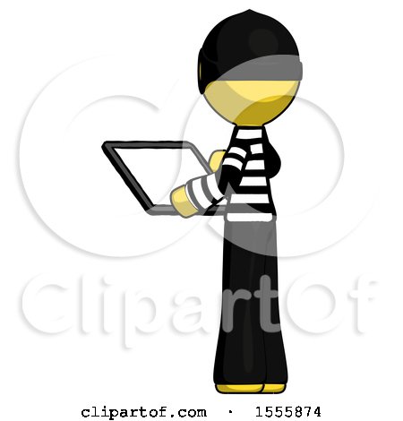 Yellow Thief Man Looking at Tablet Device Computer with Back to Viewer by Leo Blanchette