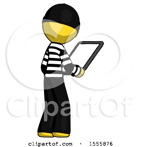 Yellow Thief Man Looking at Tablet Device Computer Facing Away by Leo Blanchette