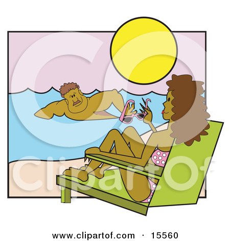 Beautiful Woman Wearing A Bikini And Relaxing In A Lounge Chair On A Beach, Watching As A Muscular Man Swims Past In The Water Clipart Illustration by Andy Nortnik