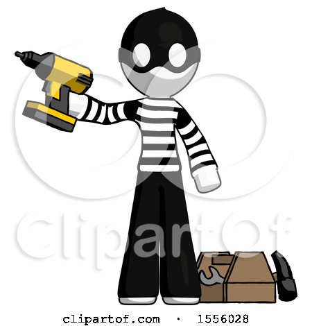 White Thief Man Holding Drill Ready to Work, Toolchest and Tools to Right by Leo Blanchette
