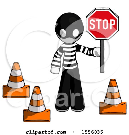 White Thief Man Holding Stop Sign by Traffic Cones Under Construction Concept by Leo Blanchette