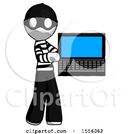White Thief Man Holding Laptop Computer Presenting Something on Screen by Leo Blanchette