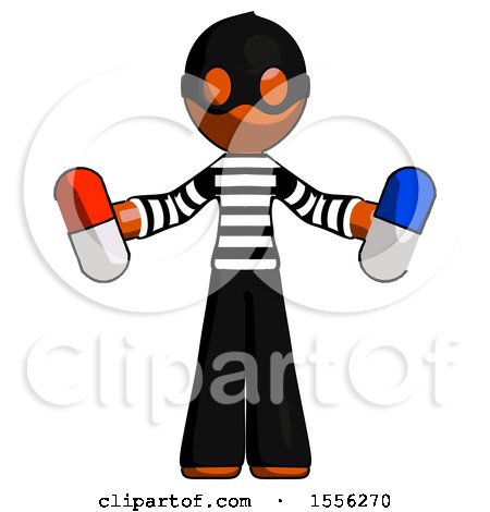 Orange Thief Man Holding a Red Pill and Blue Pill by Leo Blanchette