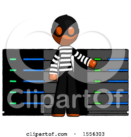 Orange Thief Man with Server Racks, in Front of Two Networked Systems by Leo Blanchette