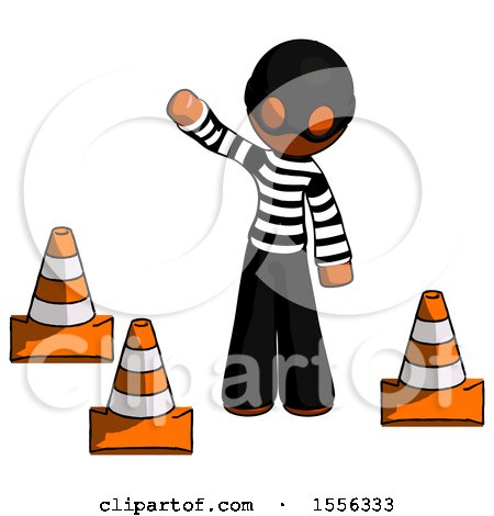 Orange Thief Man Standing by Traffic Cones Waving by Leo Blanchette