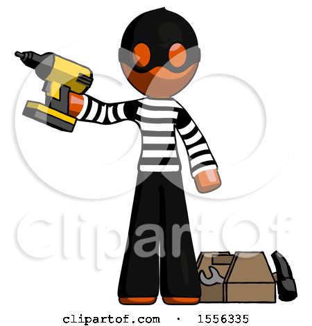 Orange Thief Man Holding Drill Ready to Work, Toolchest and Tools to Right by Leo Blanchette