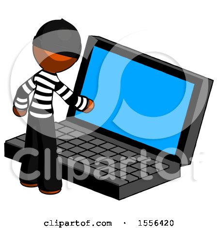 Orange Thief Man Using Large Laptop Computer by Leo Blanchette