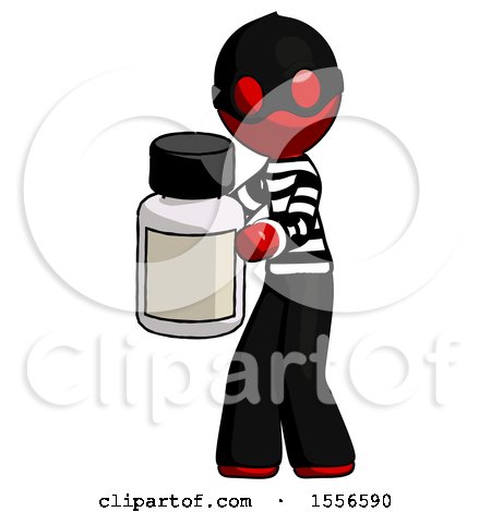 Red Thief Man Holding White Medicine Bottle by Leo Blanchette