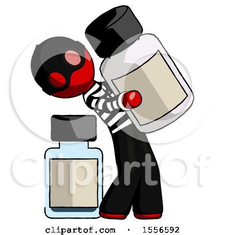 Red Thief Man Holding Large White Medicine Bottle with Bottle in Background by Leo Blanchette