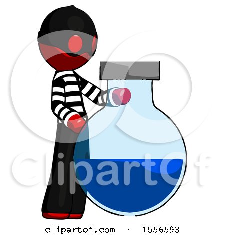 Red Thief Man Standing Beside Large Round Flask or Beaker by Leo Blanchette