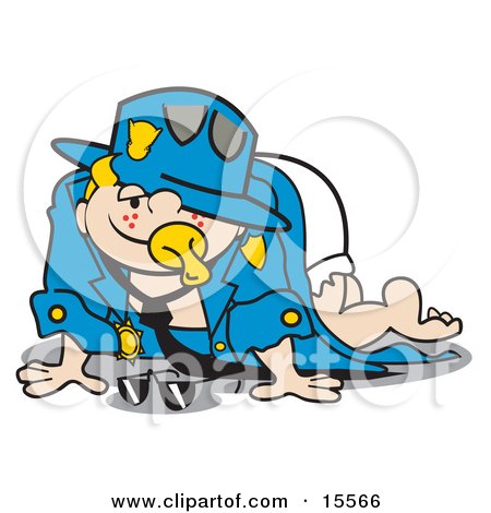 Cute Freckled Blond Haired Baby In A Diaper, Crawling Around In His Dad's Police Uniform While Sucking On A Pacifier Clipart Illustration by Andy Nortnik