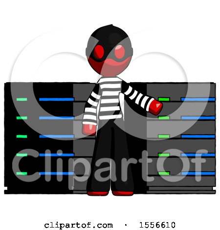 Red Thief Man with Server Racks, in Front of Two Networked Systems by Leo Blanchette
