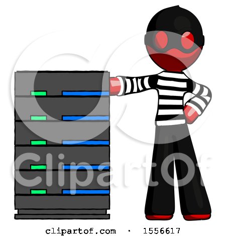 Red Thief Man with Server Rack Leaning Confidently Against It by Leo Blanchette
