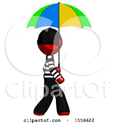 Red Thief Man Walking with Colored Umbrella by Leo Blanchette