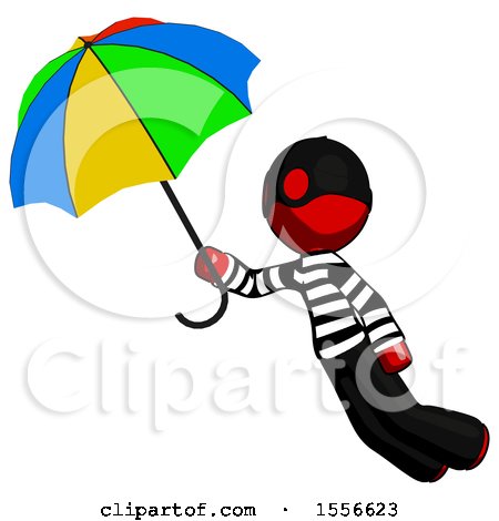 Red Thief Man Flying with Rainbow Colored Umbrella by Leo Blanchette