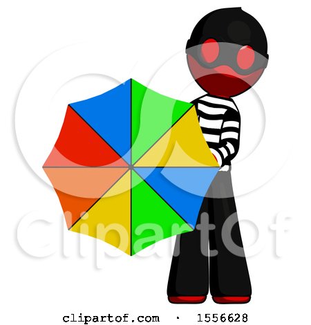 Red Thief Man Holding Rainbow Umbrella out to Viewer by Leo Blanchette