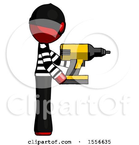 Red Thief Man Using Drill Drilling Something on Right Side by Leo Blanchette
