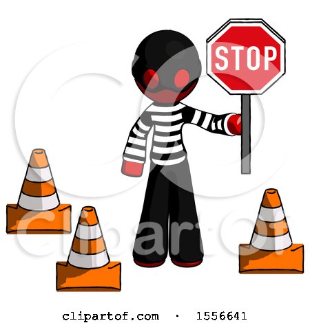 Red Thief Man Holding Stop Sign by Traffic Cones Under Construction Concept by Leo Blanchette