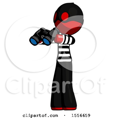 Red Thief Man Holding Binoculars Ready to Look Left by Leo Blanchette