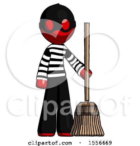 Red Thief Man Standing with Broom Cleaning Services by Leo Blanchette
