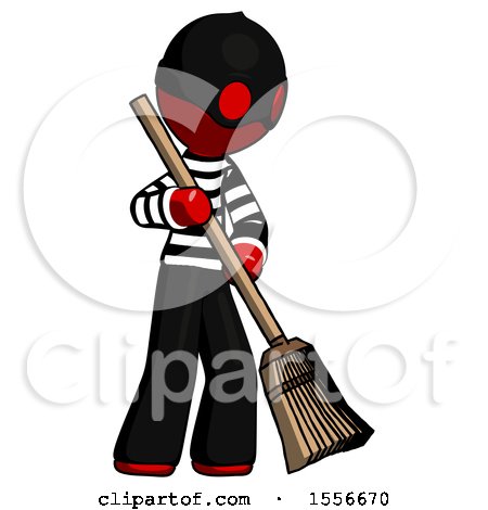 Red Thief Man Sweeping Area with Broom by Leo Blanchette