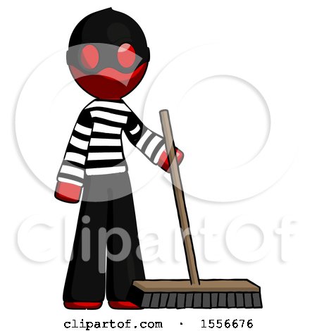 Red Thief Man Standing with Industrial Broom by Leo Blanchette