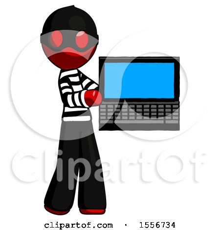 Red Thief Man Holding Laptop Computer Presenting Something on Screen by Leo Blanchette