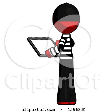 Red Thief Man Looking at Tablet Device Computer with Back to Viewer by Leo Blanchette
