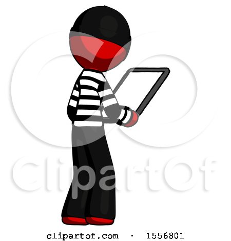 Red Thief Man Looking at Tablet Device Computer Facing Away by Leo Blanchette