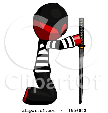 Red Thief Man Kneeling with Ninja Sword Katana Showing Respect by Leo Blanchette