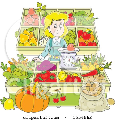 Clipart of a Blond White Woman Working at a Farmers Market - Royalty Free Vector Illustration by Alex Bannykh
