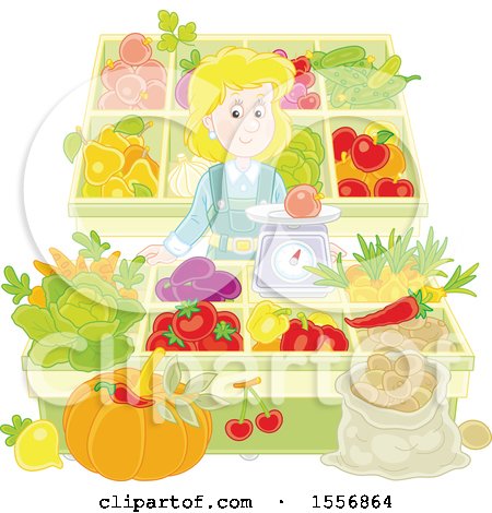 Clipart of a Blond Caucasian Woman Working at a Farmers Market - Royalty Free Vector Illustration by Alex Bannykh