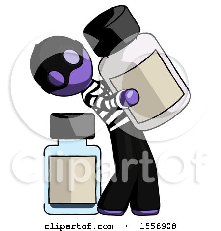 Purple Thief Man Holding Large White Medicine Bottle with Bottle in Background by Leo Blanchette