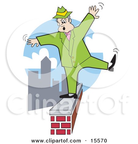 Shaky Man in Green Trying to Maintain His Balance While Walking on a Brick Wall High Above the City Clipart Illustration by Andy Nortnik