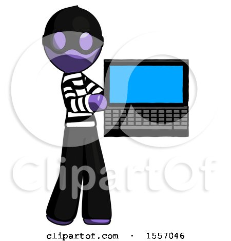 Purple Thief Man Holding Laptop Computer Presenting Something on Screen by Leo Blanchette
