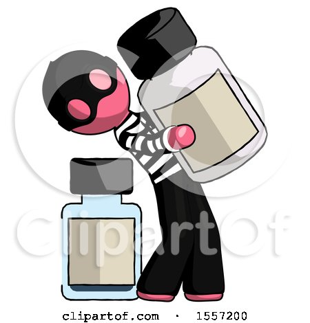 Pink Thief Man Holding Large White Medicine Bottle with Bottle in Background by Leo Blanchette