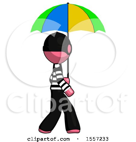 Pink Thief Man Walking with Colored Umbrella by Leo Blanchette