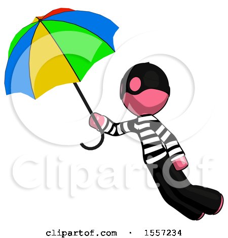 Pink Thief Man Flying with Rainbow Colored Umbrella by Leo Blanchette