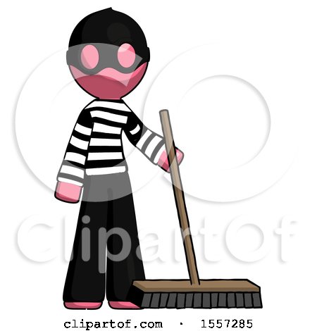 Pink Thief Man Standing with Industrial Broom by Leo Blanchette