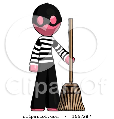 Pink Thief Man Standing with Broom Cleaning Services by Leo Blanchette