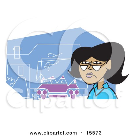 African American Woman Standing On The Scene Of An Accident Where A Car Ran Into A House Clipart Illustration by Andy Nortnik
